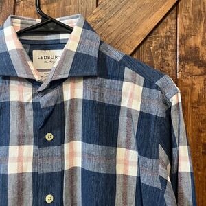Ledbury Fine Shirting Mens‎ Blue Pink Plaid Classic Fit Button Up Shirt Small